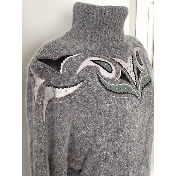 Vintage Turtleneck Sweater Silk Angora Lambswool M Gray Embroidered Beaded - Picture 7 of 10